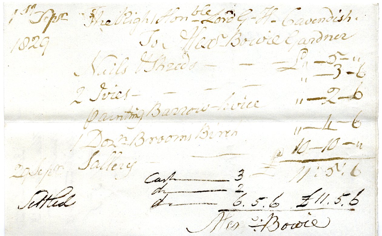 Devonshire MSS AS 3101, fólió a Pinder Simpson által Lord George Cavendish számára kiegyenlített számlacsomagból, beleértve Alexander Bowie számláját alkotó: English School