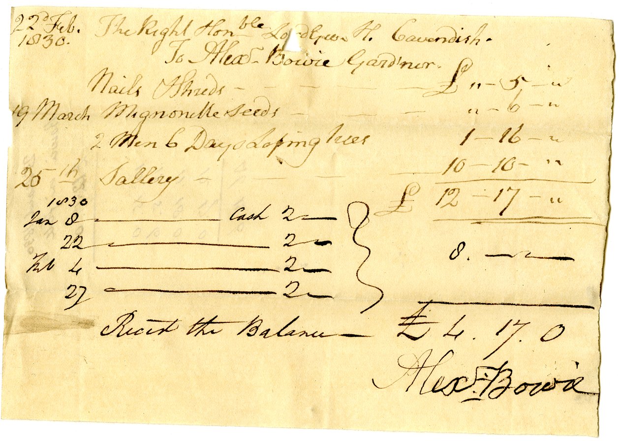 Devonshire MSS AS 3101, fólió a Pinder Simpson által Lord George Cavendish számára kiegyenlített számlacsomagból, beleértve Alexander Bowie számláját alkotó: English School