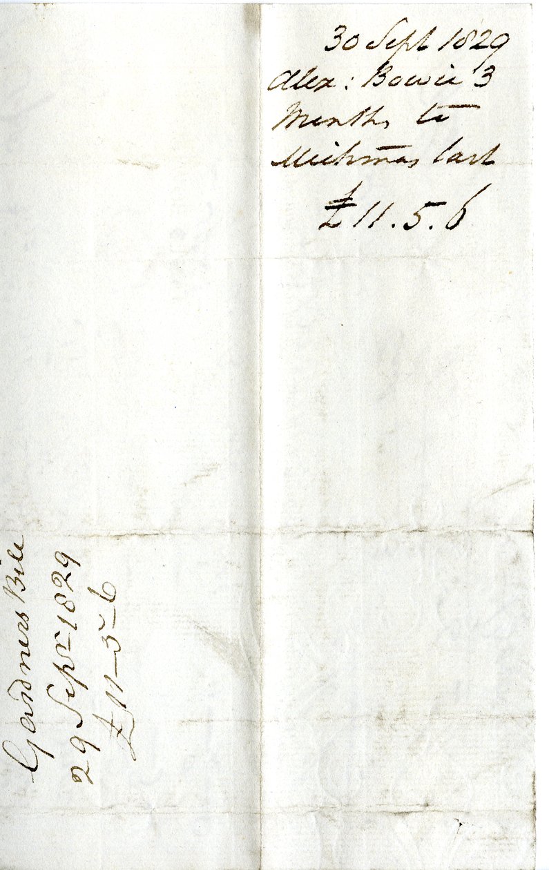 Devonshire MSS AS 3101, fólió a Pinder Simpson által Lord George Cavendish számára kiegyenlített számlacsomagból, beleértve Alexander Bowie számláját alkotó: English School