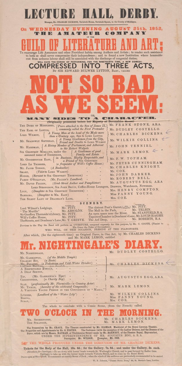 Dickens playbill: Nem olyan rossz, mint amilyennek látszunk a Lecture Hallban, Derby, 1852. augusztus 25-i program alkotó: English School