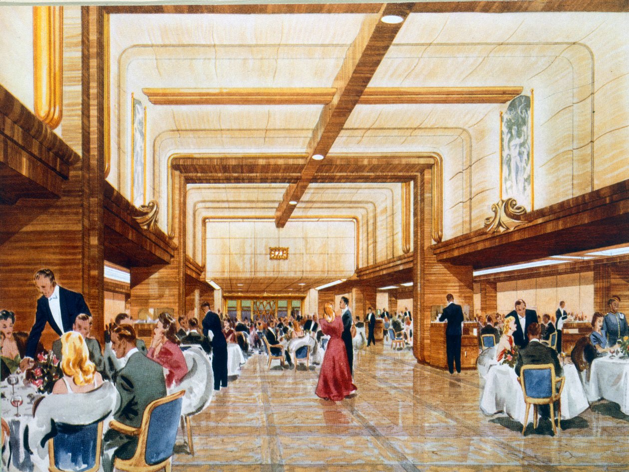 Vacsora és tánc az RMS Caronia fedélzetén, egy promóciós prospektusból, 1947 alkotó: English School