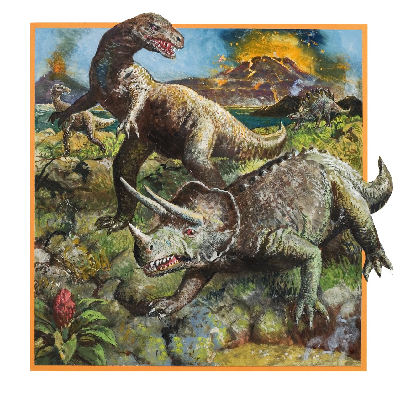 Dinoszauruszok vulkánnal (gouache, papír) alkotó: English School
