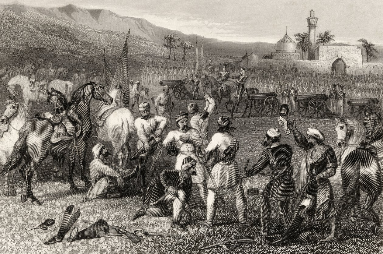 A 11. irreguláris lovasság lefegyverzése Berhampore-ban 1857-ben, az 1858-ban megjelent „The History of the Indian Mutiny” c. alkotó: English School