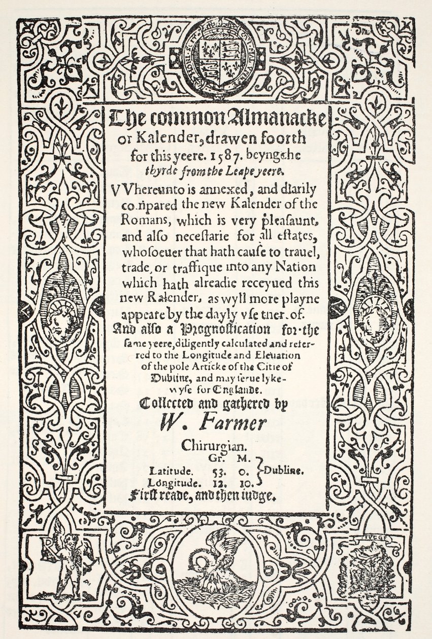 Dupla Almanack (közös és új) és Prognostication for Dublin 1587, W. Farmer, nyomta Watkins és Roberts, 1587 alkotó: English School