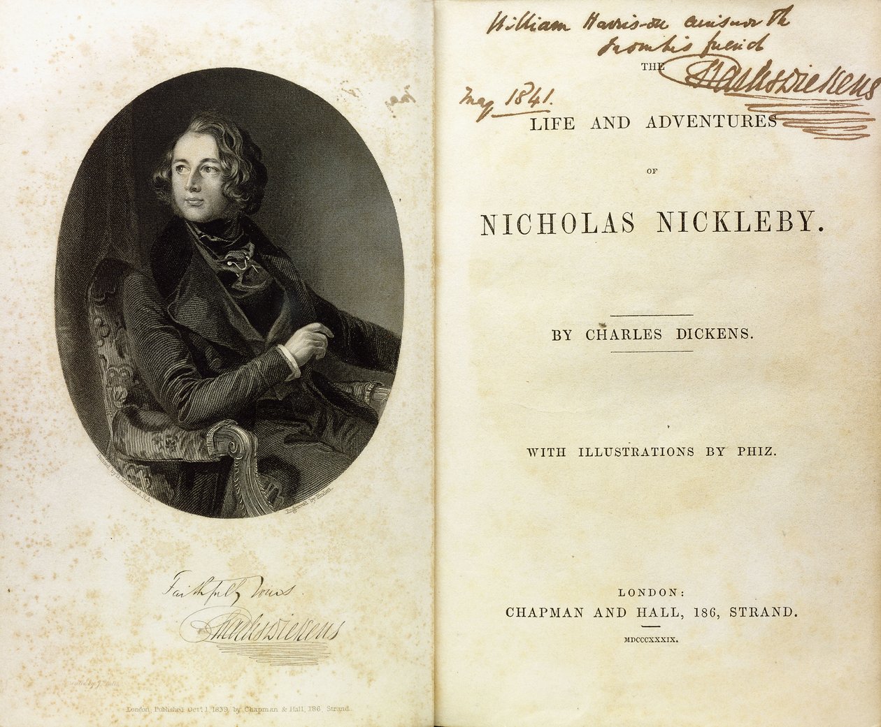 Dupla oldal terjedt el Dickens portréjával és Dickens William Harrison Ainsworth-nek szóló dedikációjával alkotó: English School