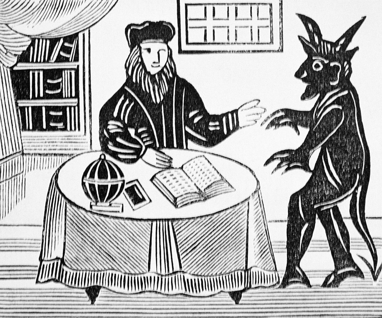 Dr. Faustus tanácskozásban az ördöggel, Gentsből Dr. Faustus Christopher Marlowe (1564-93) fordítása 1648-ban, ezoterikus témájú könyvek gyűjteményéből alkotó: English School