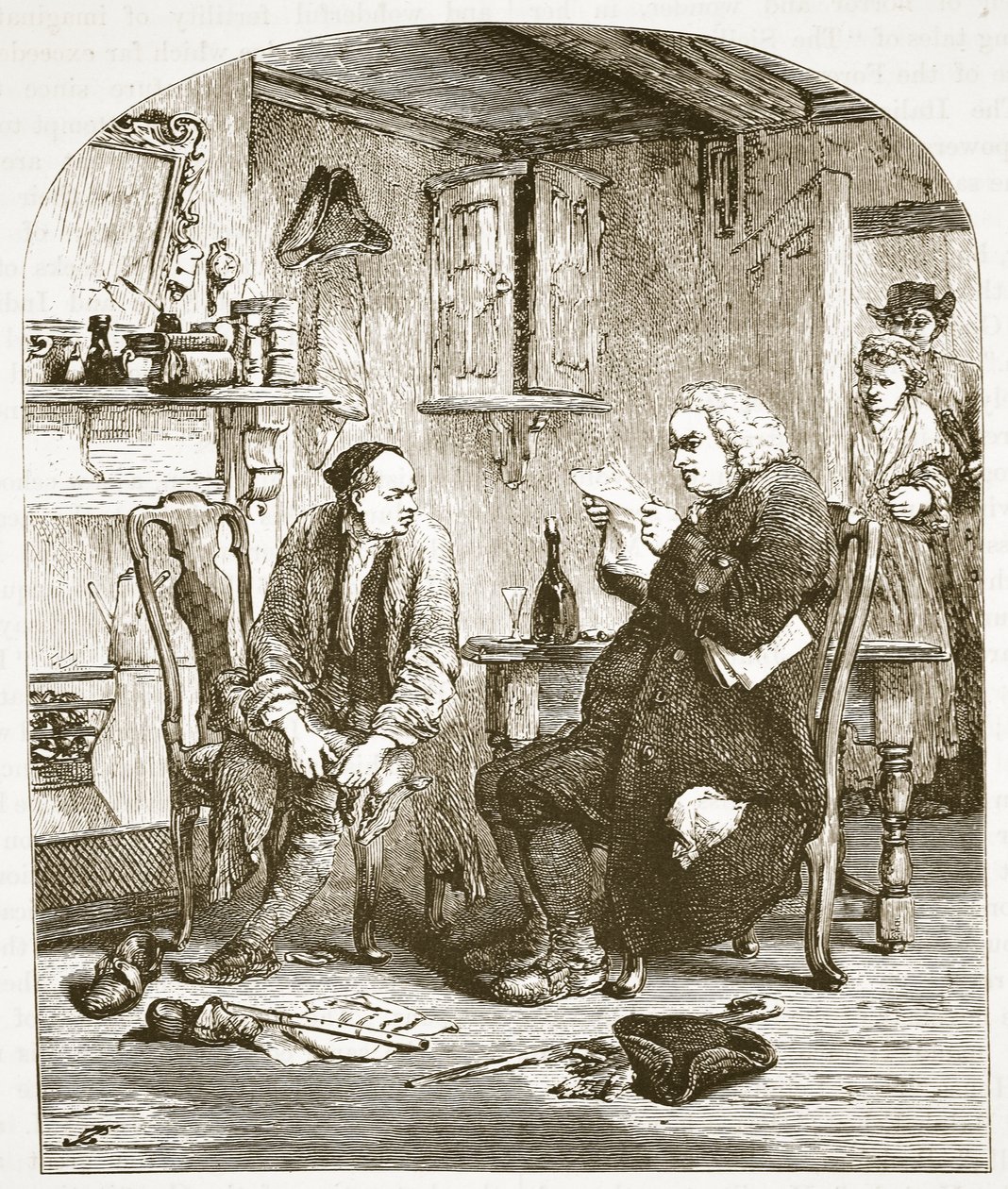 Dr. Johnson Wakefield vikáriusának kéziratát olvassa, illusztráció a Cassells Illustrated History of England-ből (szépia fotó) alkotó: English School