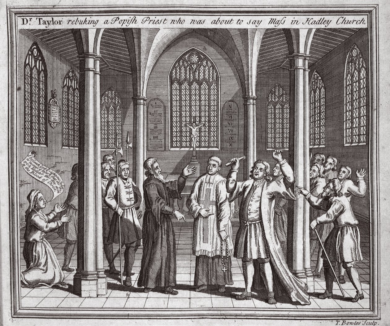 Dr. Taylor megdorgál egy pápai papot, aki éppen misézni készült a Hadley templomban, illusztráció a Foxes Martyrs c.1703-ból alkotó: English School