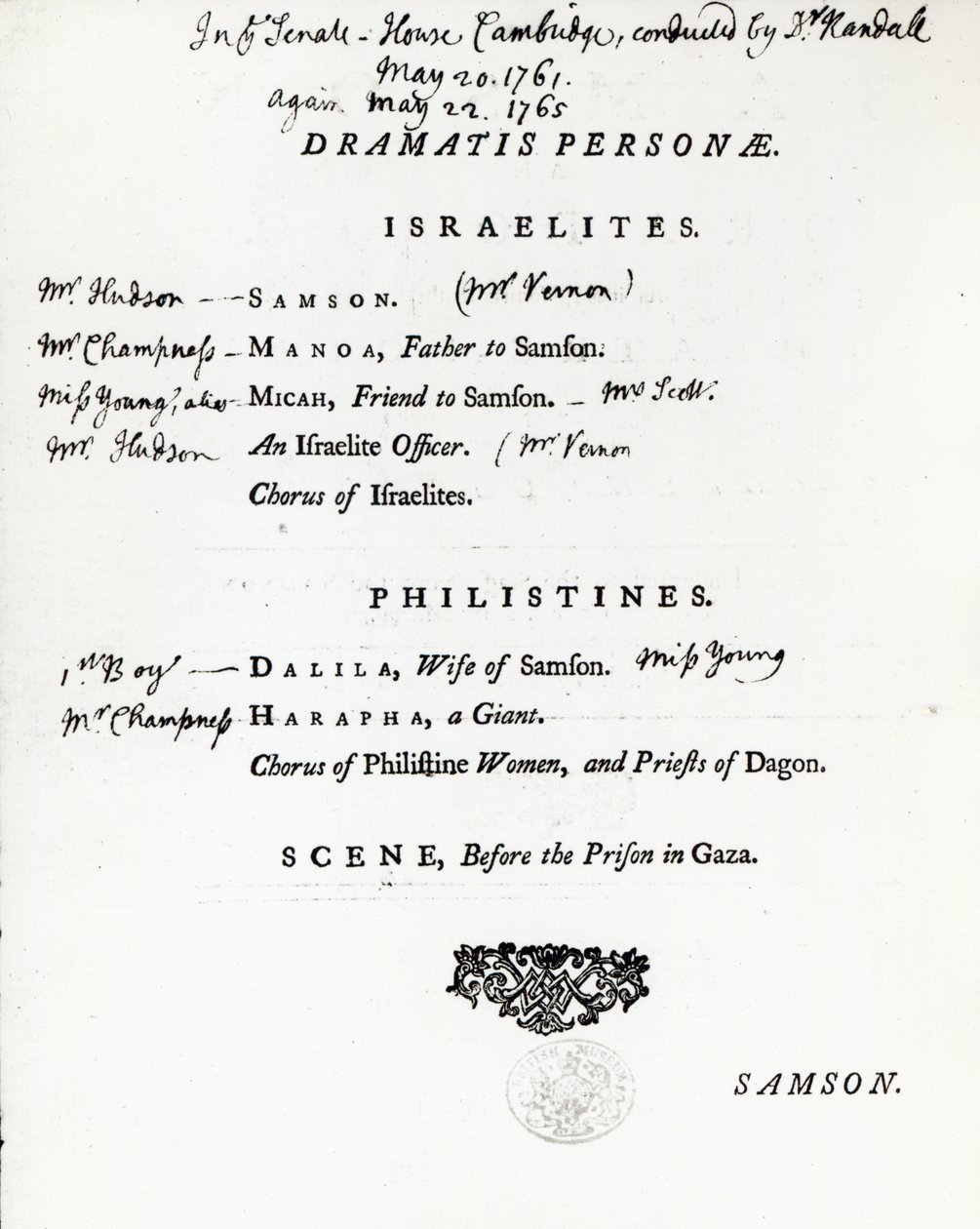 Dramatis Personae Sámsonnak, Händel oratóriuma, amely 1759-ben jelent meg alkotó: English School