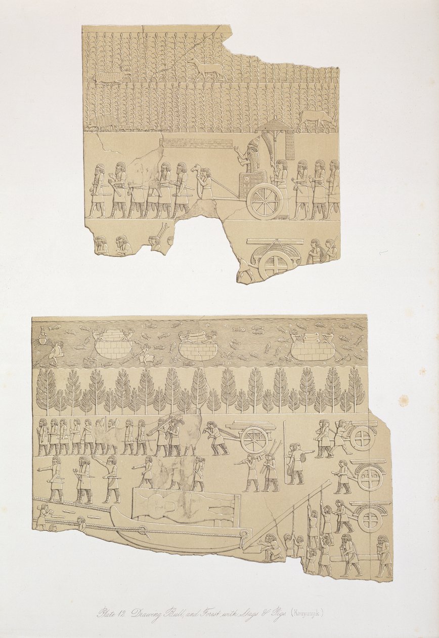 Rajz bika, erdő szarvasokkal és disznókkal, Kouyunjik, 12. tábla Ninivéből és maradványai, Austen Henry Layard (1817-94) 1849-ben megjelent alkotó: English School