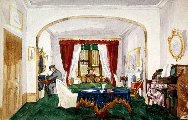 Szalonbelső, nő zongoránál, férfi tányérkalapban, 1850 körül (akvarell, papír) alkotó: English School