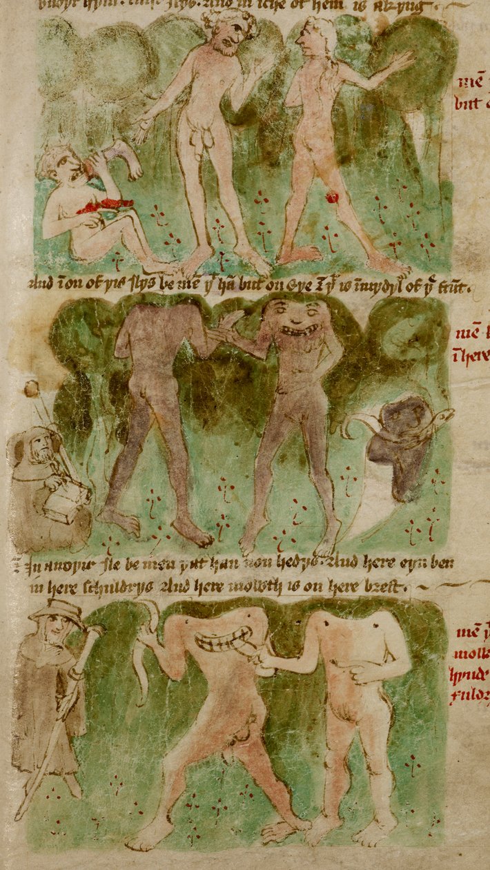 „Rajzok a Dondun királyság szörnyű fajairól, köztük küklopszokról, kannibál óriásokról és blemmyae-ról”, illusztráció a „Sir John Mandeville utazásai” című könyvből (tintával és színnel pergamen) alkotó: English School