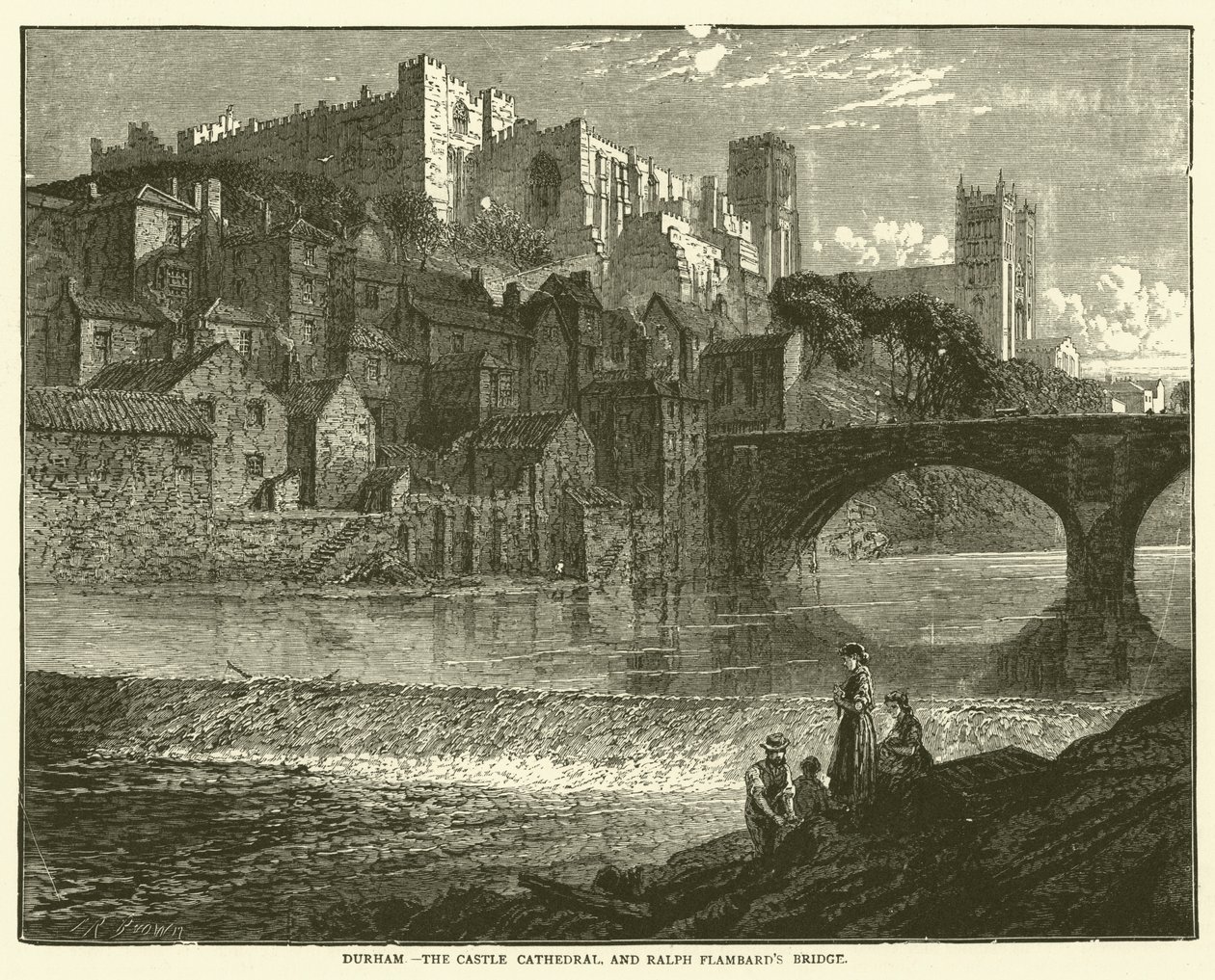 Durham, a várkatedrális és Ralph Flambard hídja (metszet) alkotó: English School