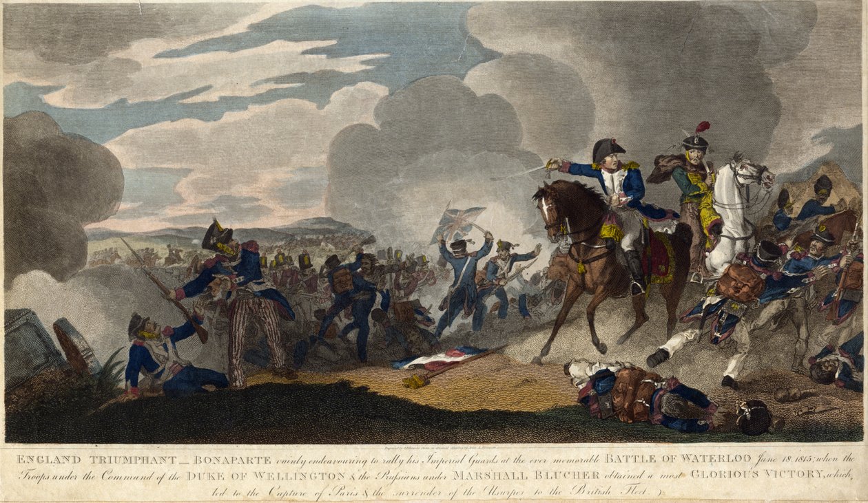 DIADALMAS ANGLIA. Napóleon megpróbálja összegyűjteni a császári gárdát a waterlooi csatában, kb. 1815 (metszet) alkotó: English School