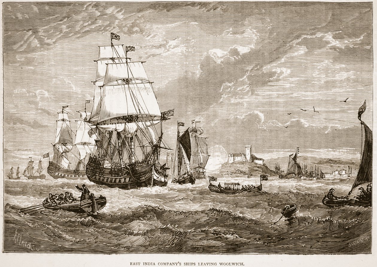 A Kelet-indiai Társaság kihajózik Woolwichból. Illusztráció Cassell India illusztrált történelméből, James Grant, pub. 1879 alkotó: English School