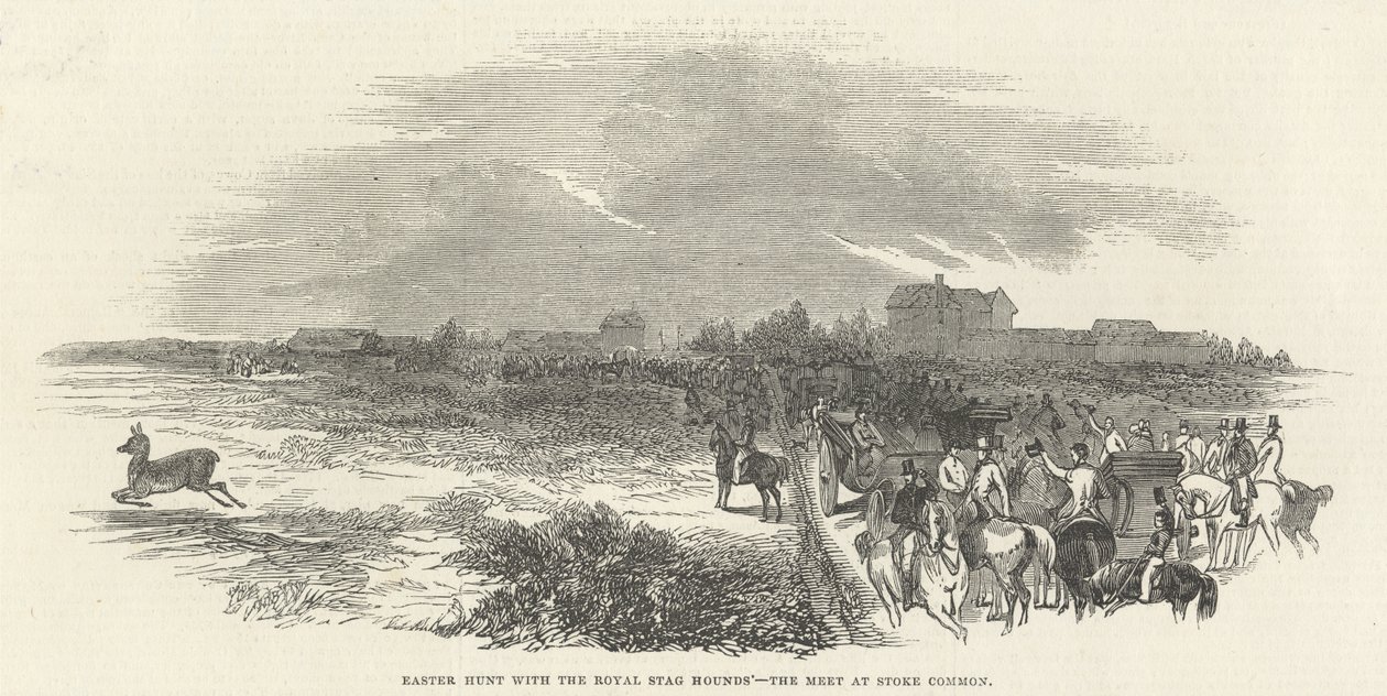 Húsvéti vadászat a királyi szarvaskutyákkal: Találkozás a Stoke Commonban, a The Illustrated London News-ból, 1845. március 29. alkotó: English School