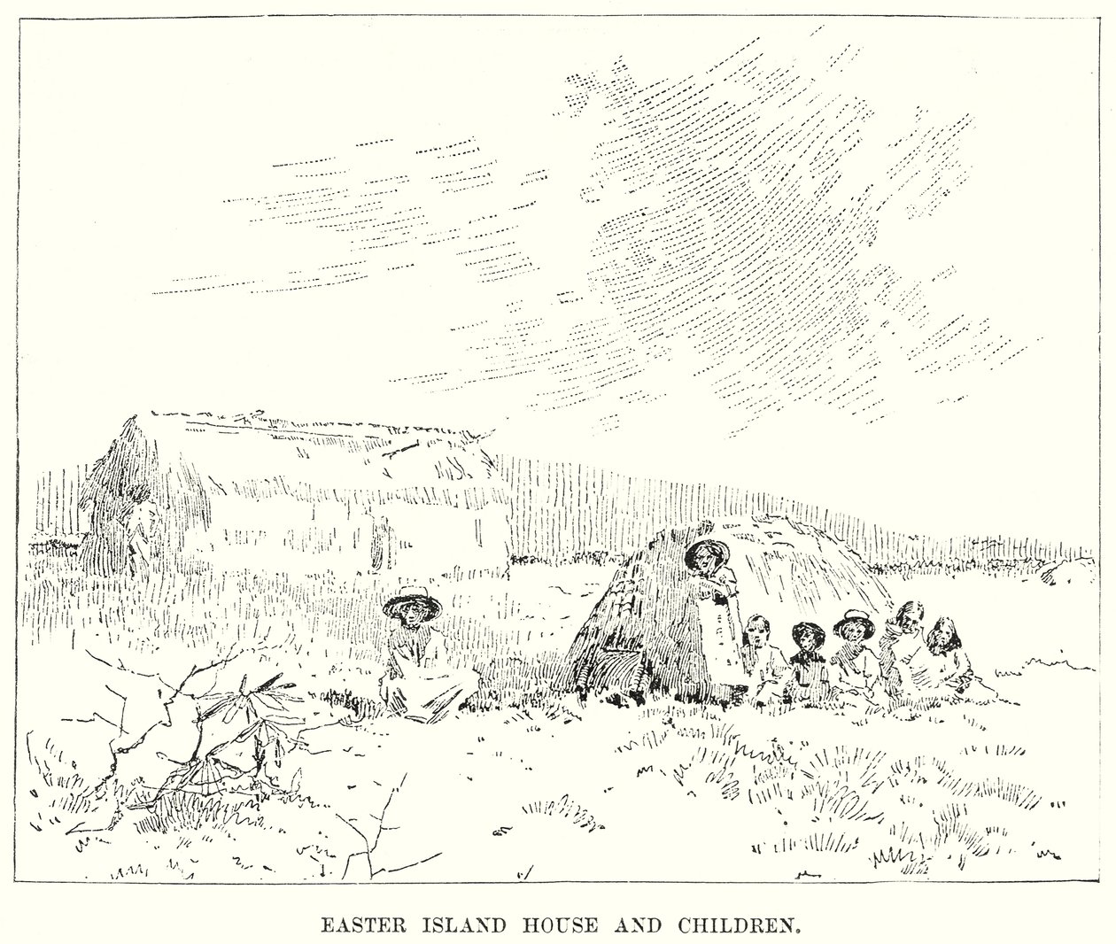 Húsvét-szigeti ház és gyerekek (metszet) alkotó: English School