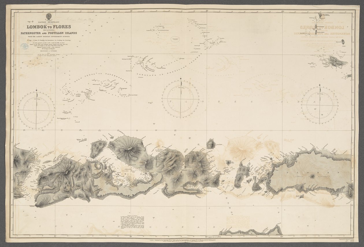 Keleti szigetcsoport, Lomboktól Floresig, beleértve a Paternoster- és Postillon-szigeteket; a … batávai kormány felméréseiből. [Admiralitási diagram], London alkotó: English School