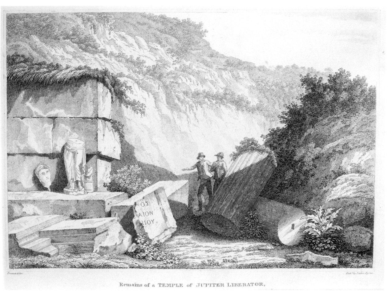 Edward Daniel Clarke (1769-1822) meglátogatja a Jupiter Liberator templom maradványait Troadban, az Utazások Európa, Ázsia és Afrika különböző országaiban című 2. részéből, amely 1812-ben jelent meg (bw alkotó: English School
