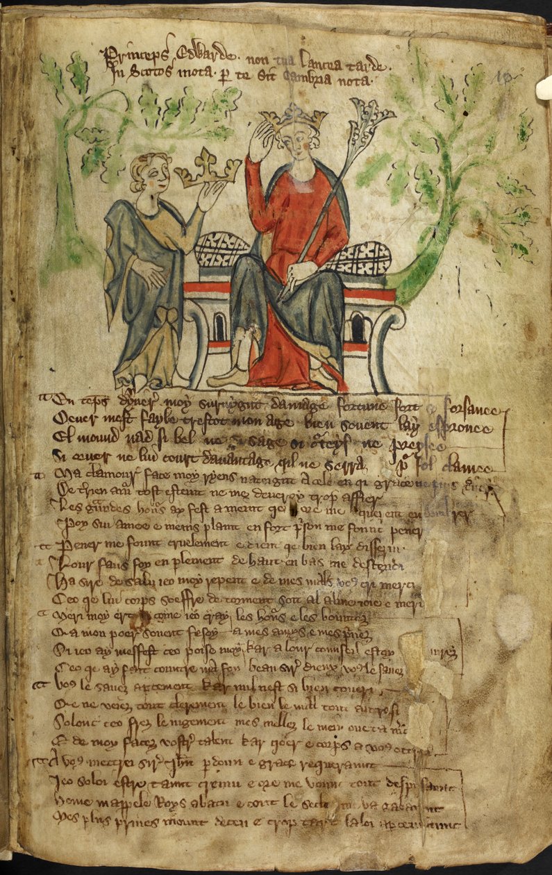 II. Edward trónon ül, bal kezében jogarral, és jobbjával megérinti a koronáját. Egy kis alak (talán Wales megszemélyesítése) egy másik koronát ajánl neki (valószínűleg Skócia koronáját). Úgy gondolják, hogy a második ábra egy alkotó: English School