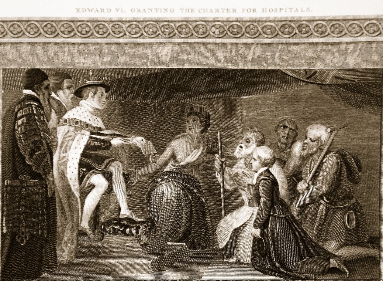 VI. Edward a Kórházak Chartájának megadása, David Humes illusztrációja Anglia története, pub. R. Bowyer, London, 1812 88: alkotó: English School