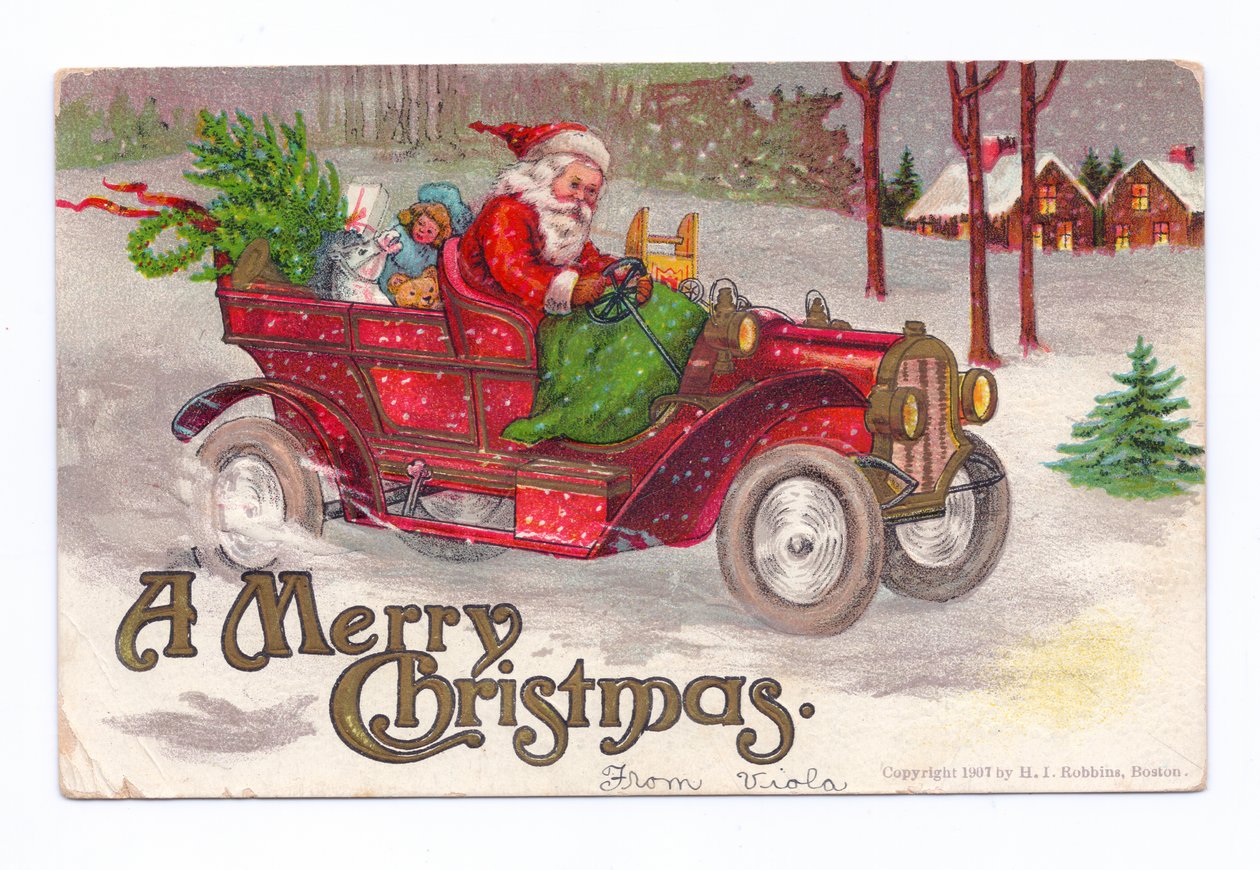 Edwardian Christmas postcard of Father Christma driving a vintage car through the snow,s c.1910 (színes litho) alkotó: English School