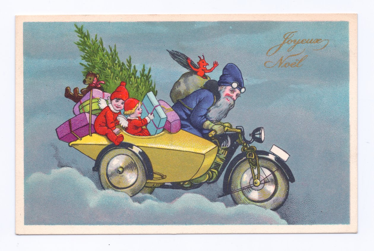 Edward korabeli karácsonyi képeslap, amelyen a Mikulás egy oldalkocsis motorkerékpárral, gyerekekkel és ajándékokkal, 1910 körül (színes litográfia). alkotó: English School