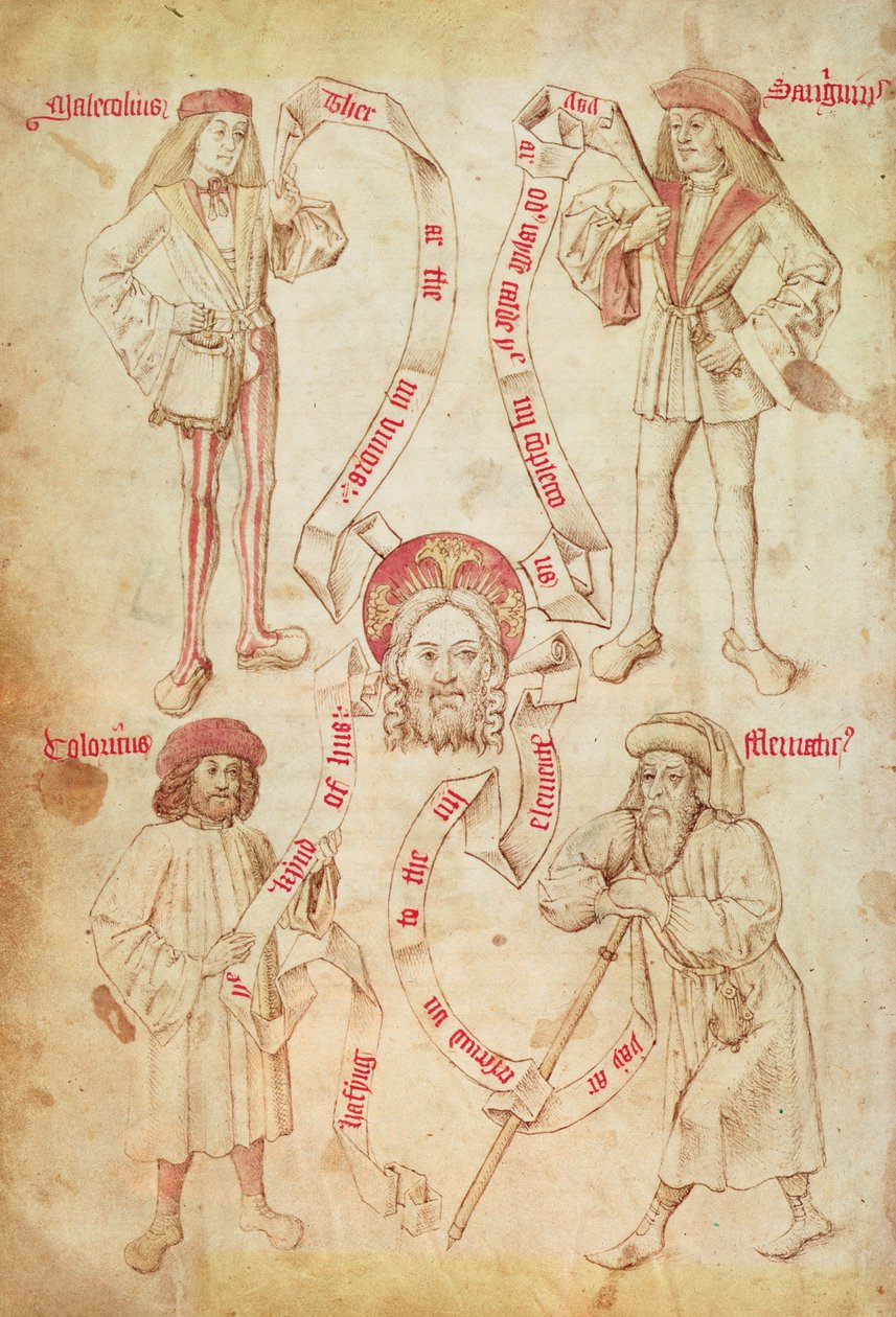 Pl. 2572 f.51v A négy humor, a York-i borbélysebészek céhkönyvéből (vellum) alkotó: English School