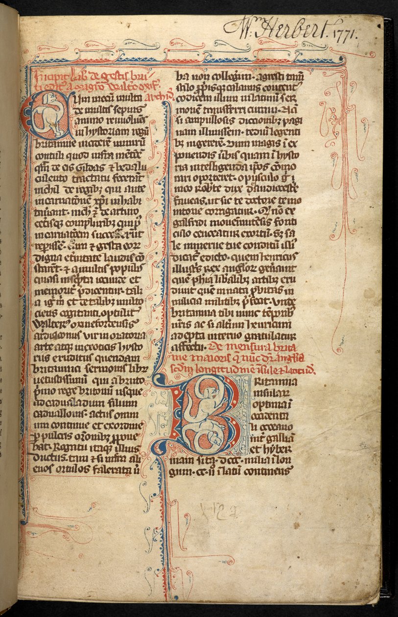 Egerton 3142, f.1r, Szöveg világító kezdőbetűvel, "B", a Historia Regum Britanniae-ből, Geoffrey, Monmouth, 1294 körül (vellum) alkotó: English School