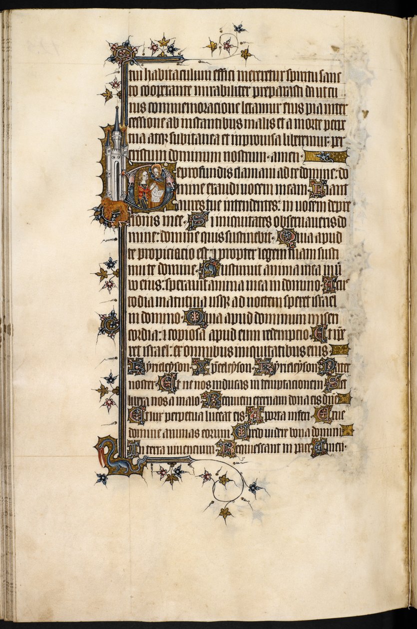 Egerton MS 3277, f.131v, Bohun hölgy imában, szélső oroszlánnal és várral, a „Bohun Psalter & Hours”-ból (vellum) alkotó: English School