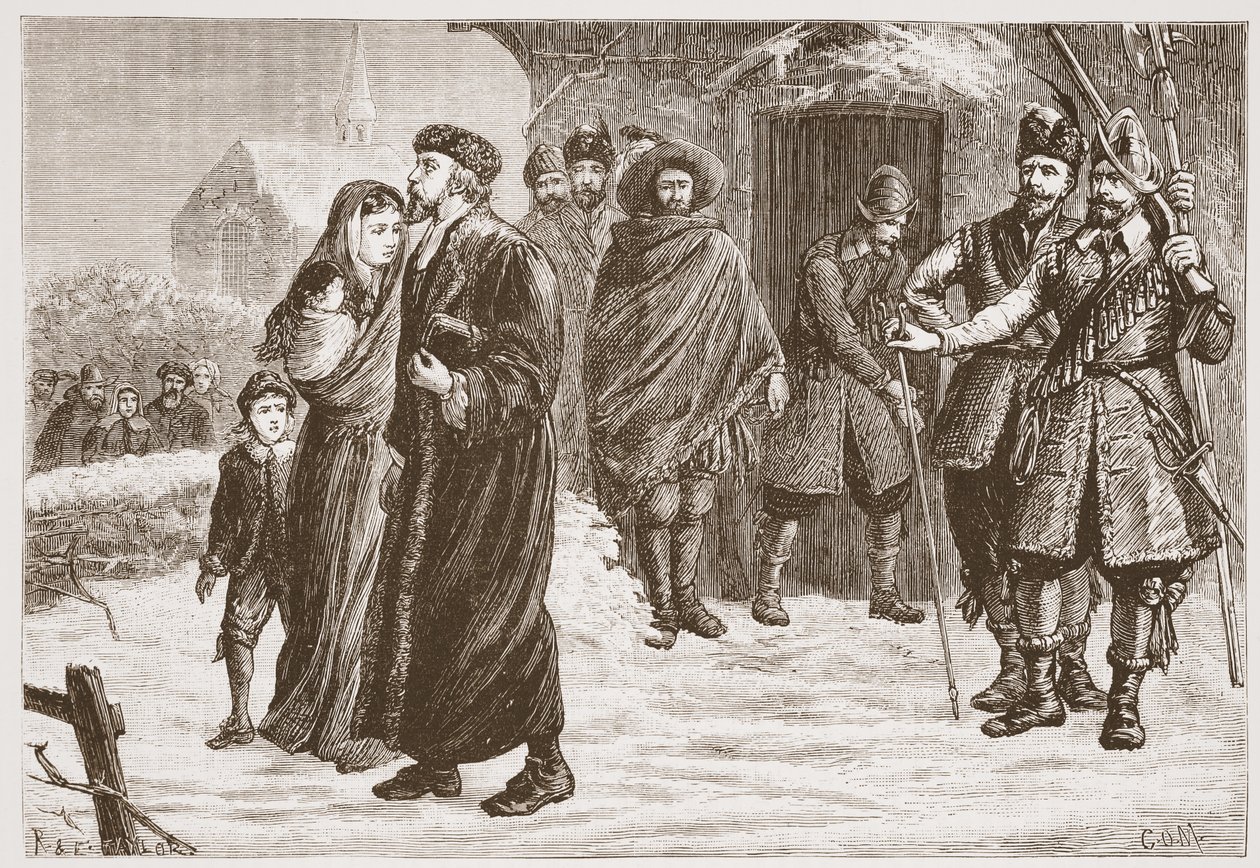 Egy magyar protestáns lelkész kiűzése télen, illusztráció: James Aitken Wylie (1808-1890) A protestantizmus története című könyvéből, pub. 1878 alkotó: English School