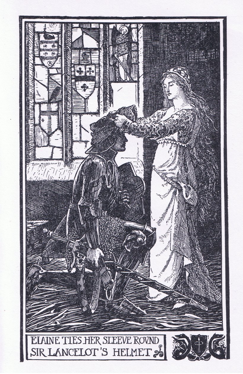 Elaine ujját Sir Lancelot sisakja köré köti, a Longmans Green and Co által kiadott „The Book of Romance” illusztrációja. alkotó: English School