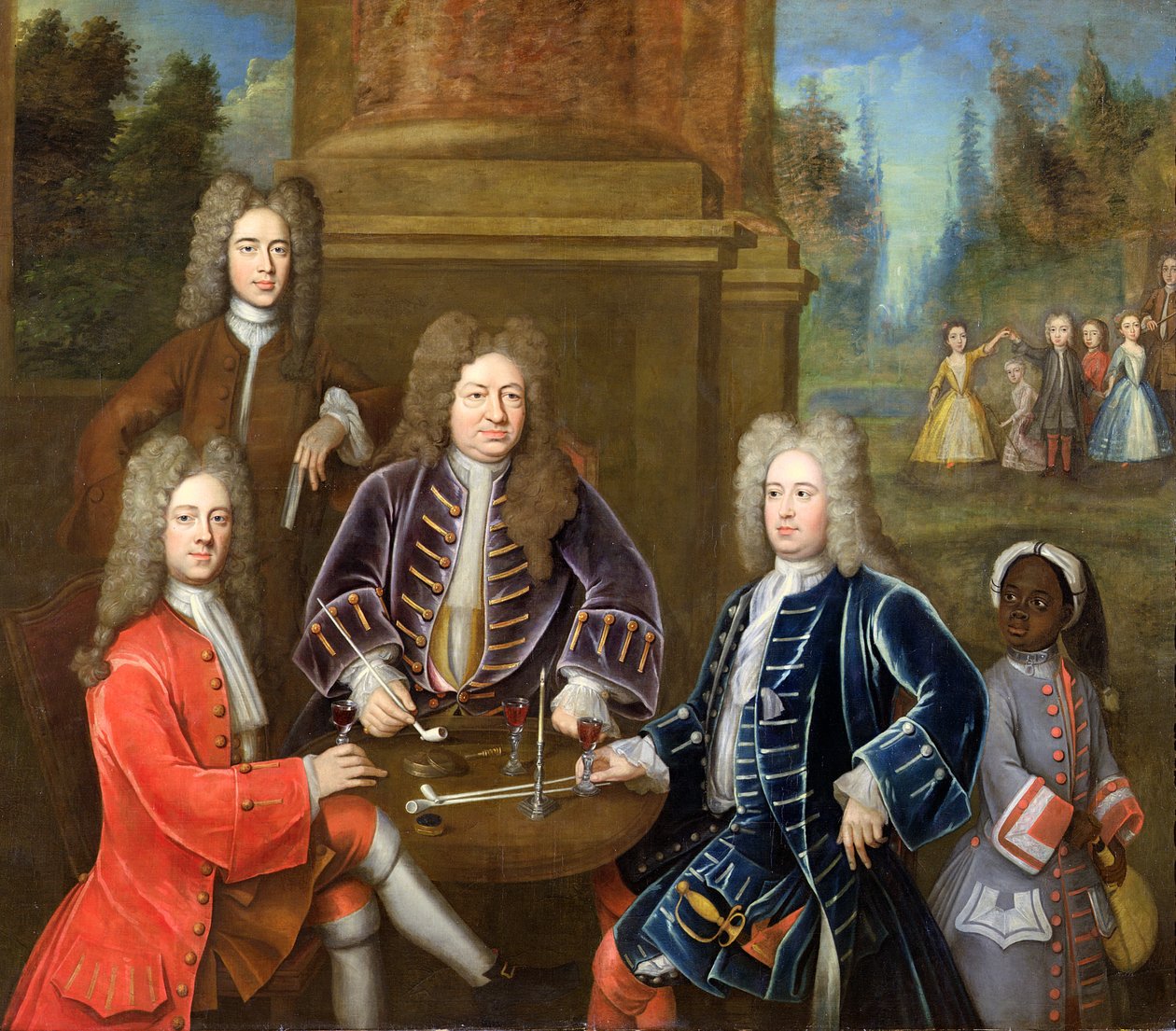 Elihu Yale (1648-1721), Devonshire második hercege, Lord James Cavendish, Tunstal úr és egy Page, 1708 körül alkotó: English School
