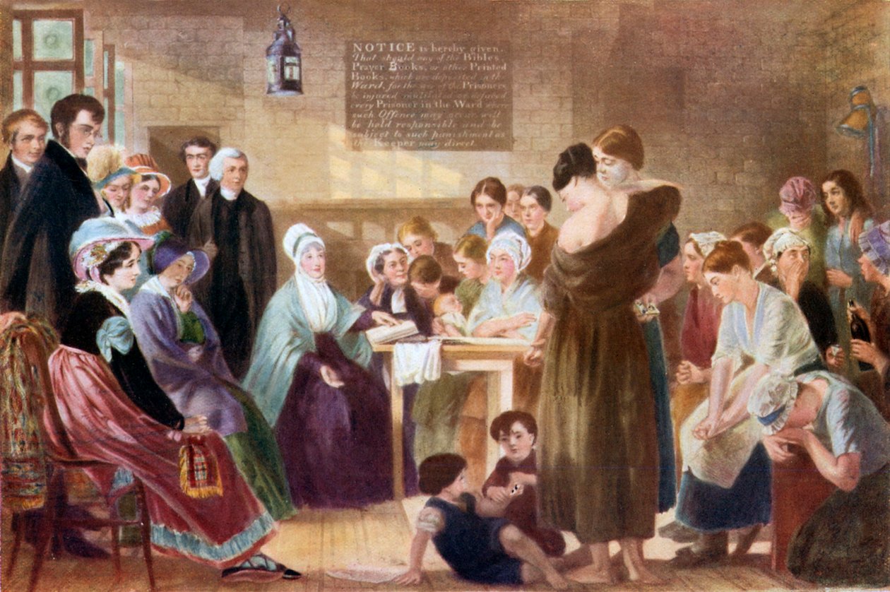 Elizabeth Fry látogatása a Newgate börtönben (színes litográfia) alkotó: English School