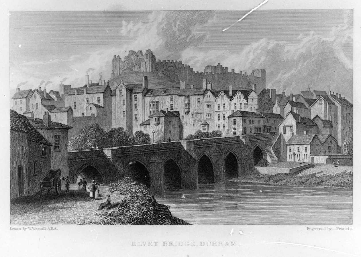 Elvet Bridge, Durham, metszett ? Frances W. Westall után, 1829 alkotó: English School