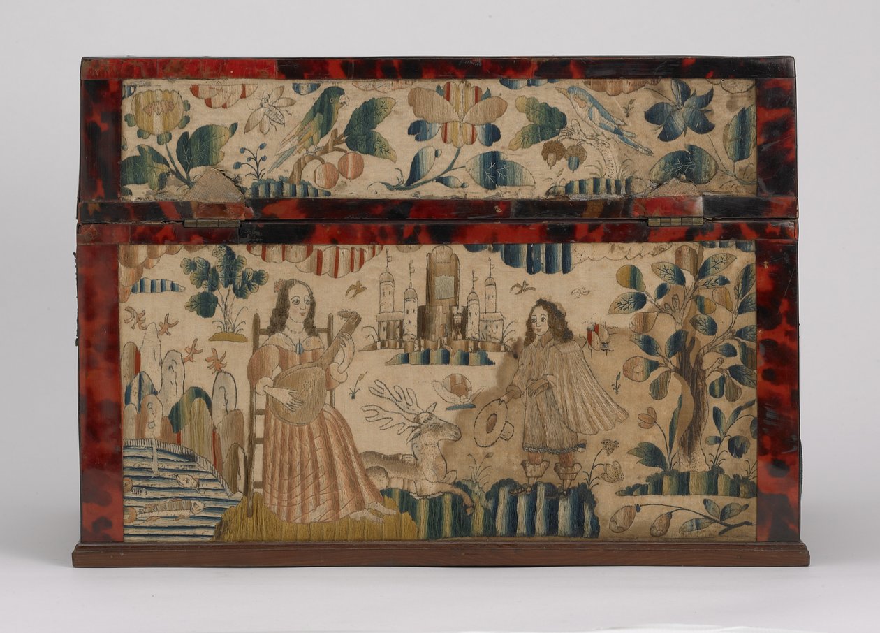 Hímzett koporsó, 1660 körül (selyem, vászon, fa, teknőspáncél és ezüst tartók) alkotó: English School