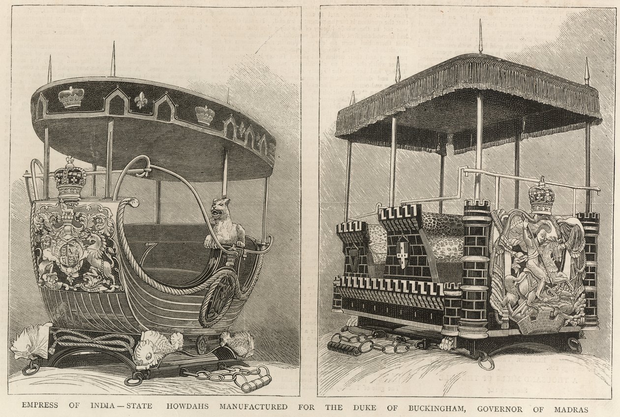 India császárnéja: Buckingham hercegének, Madras kormányzójának gyártott howdahokat a The Graphic-ból, 1877. február 3. alkotó: English School