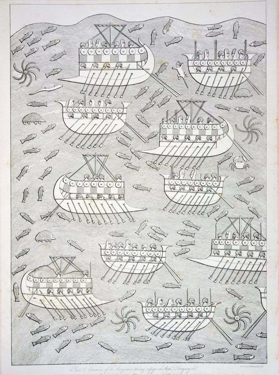 A hajókon menedéket kereső asszírok ellenségei, Austen Henry Layard (1817-94) 71-es táblája Ninivéből és maradványai, 1849 alkotó: English School