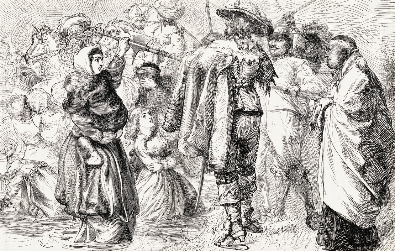 Az ír katolikusok megfulladtak angol protestánsokat az 1641-es ír lázadás során, 1865 körül (fametszet) alkotó: English School