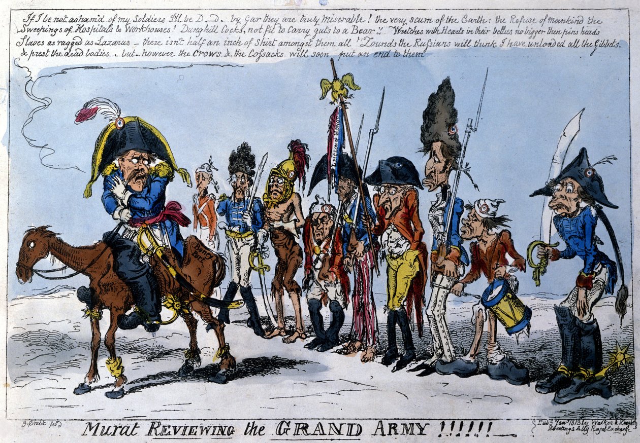 Angol karikatúra, amely Joachim Muratot (1767 - 1815), a Birodalom marechalját ábrázolja a Nagy Armee élén. 1813. január. alkotó: English School