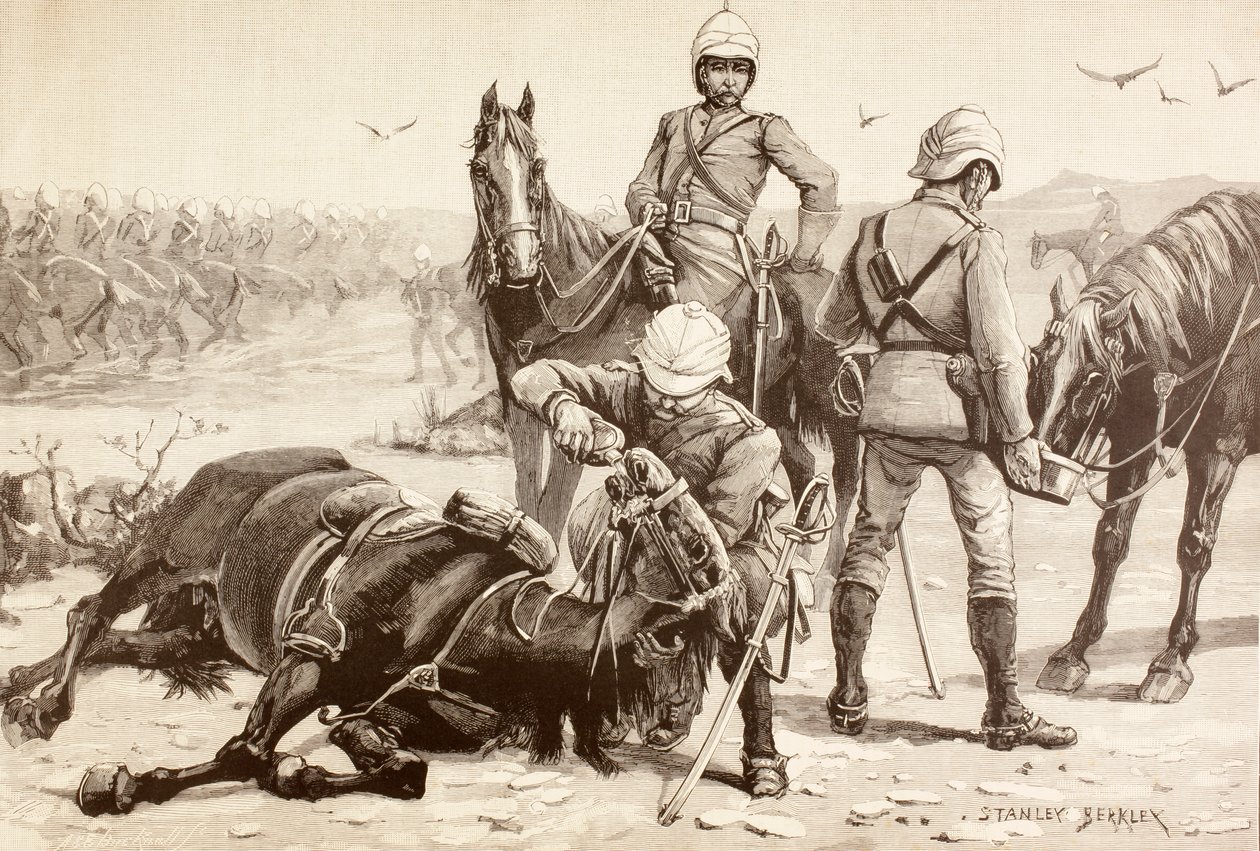 Angol lovasság itatja lovait a Mahdist háború alatt, Szudán az 1880-as években (litho) alkotó: English School