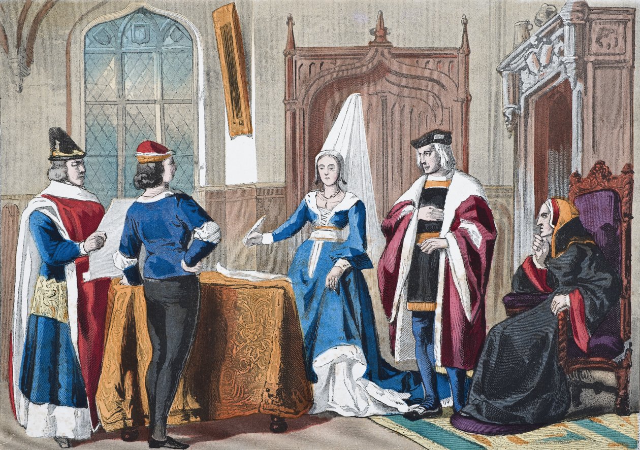 Angol jelmezek a 15. század végéről, William Hickman Smith Aubrey (1858-1916) „Anglia nemzeti és hazai története” című művéből, London, 1890 körül. alkotó: English School