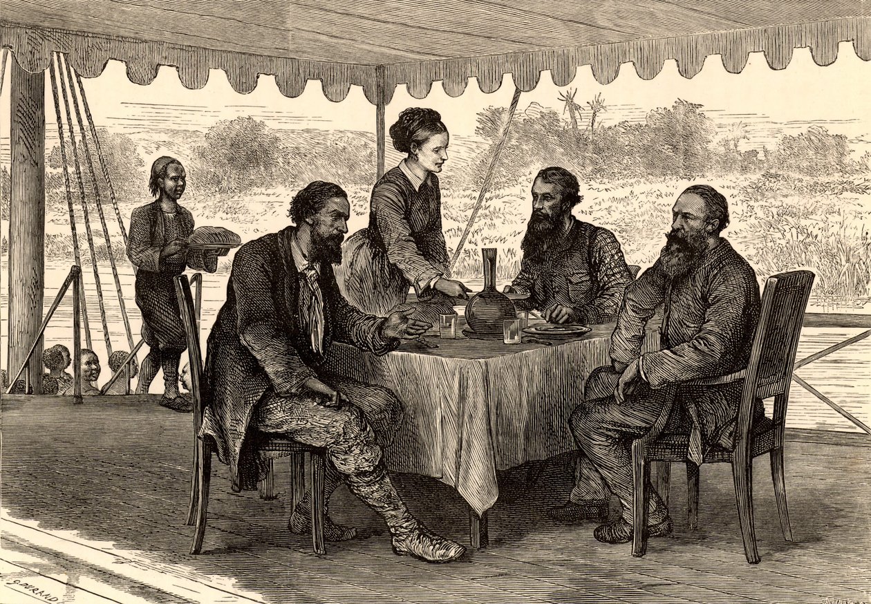 John Hanning Speke (1827-1864) és James Augustus Grant (1827-1892) angol felfedezők a dél-szudáni Gondokoróban, expedíciójuk végén, ahol Samuel (1821-1893) és Florence (1841-1916) Baker találkoztak velük (metszet). alkotó: English School