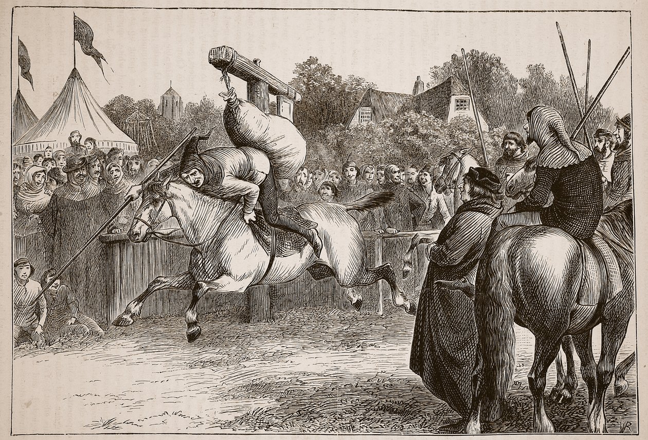 Angol mulatság a tizennegyedik században: Tilting at the Quintain, illusztráció: Cassells Illustrated History of England (szépia fotó) alkotó: English School