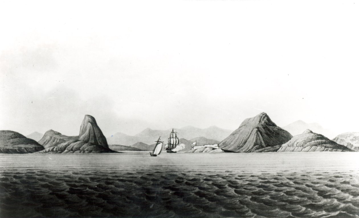 Rio de Janeiro kikötőjének bejárata (bw print) alkotó: English School