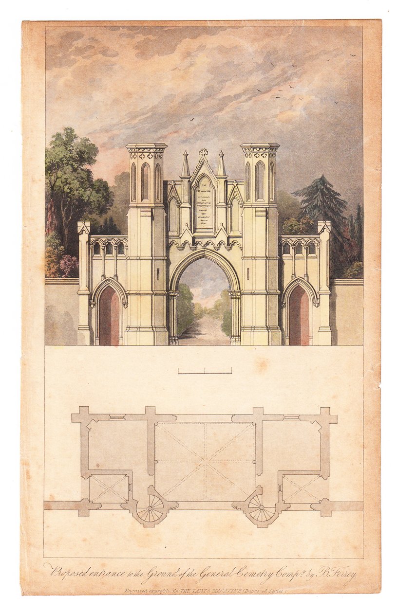 A Highgate temető bejárata, a The Lady Magazine kiadásában, 1839 körül. alkotó: English School