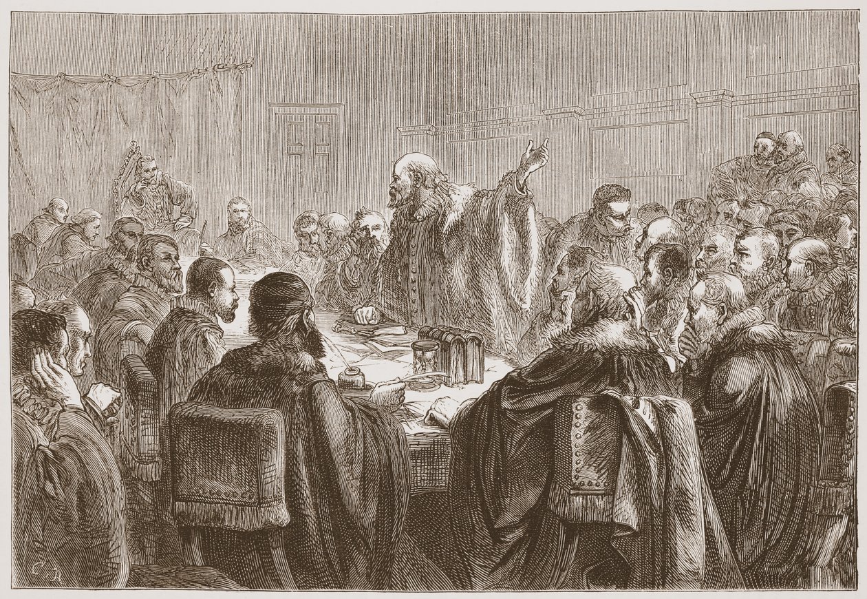 Episcopius a dorti szinódus tagjaihoz szól, illusztráció: James Aitken Wylie (1808-1890) A protestantizmus története című könyvéből, pub. 1878 alkotó: English School