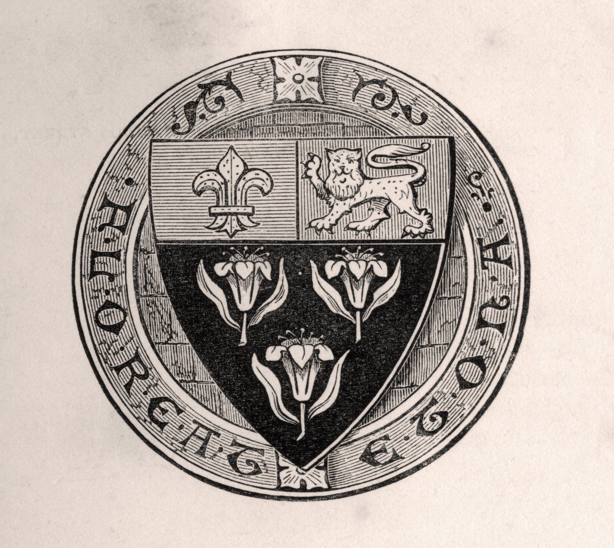 Eton-pajzs az iskolai mottóval, Sir Edward Creasy 1876-ban Londonban megjelent Emlékirataiból készült illusztrációval. alkotó: English School