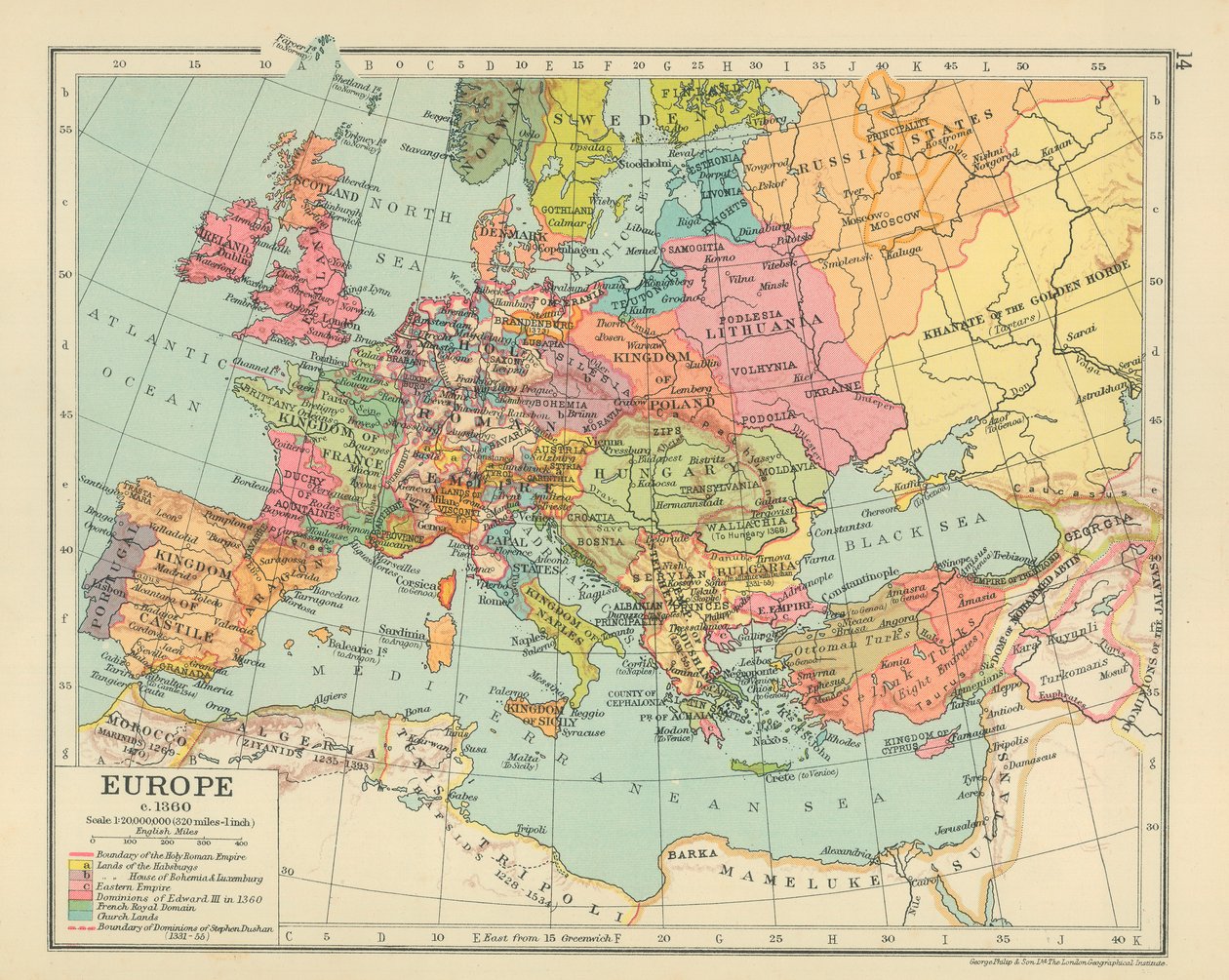 Európa 1360 körül (színes litográfia) alkotó: English School