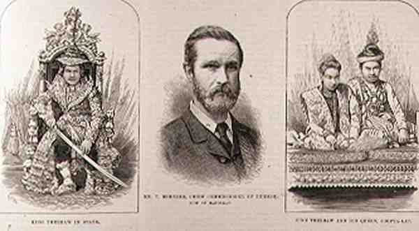 Expedíció Felső-Burmahba: Theebaw király (1858-1916) az államban, Mr. T. Bernard, Burmah főbiztosa, jelenleg Mandalayban, Theebaw király és királynője, Soopya-Lat a The Illustrated London News-ból, alkotó: English School